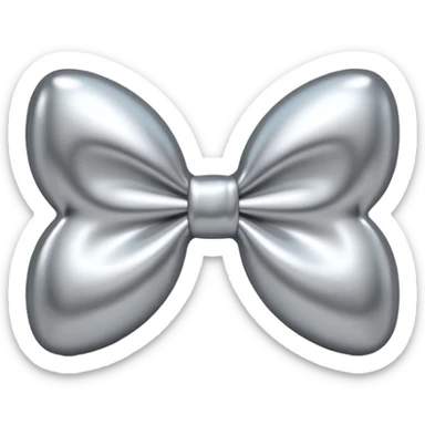 A cute bow emoji made of polished silver chrome, smooth rounded loops, glossy metallic surface, soft mirror reflections, subtle highlights, minimal and adorable proportions, iOS emoji style, centered composition, clean white background, soft studio lighting, no text, no outline, ultra high quality sticker
