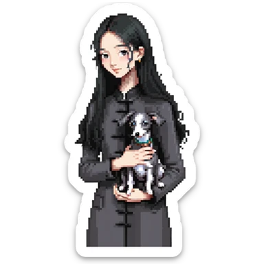 Slim Chinese girl with long black hair holding completely solid grey Italian greyhound with absolutely no white markings anywhere sticker