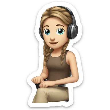 white girl at desk, brown hair, ponytail, blue eyes, computer, headphones sticker
