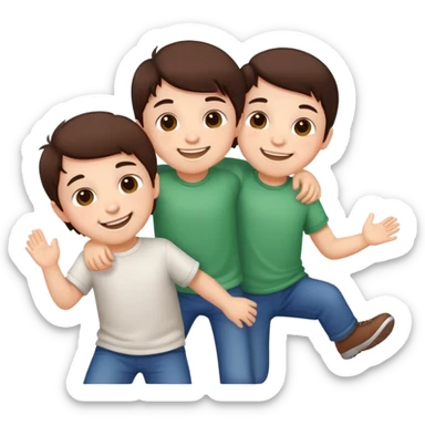 Three cute little brunette brothers playing  sticker