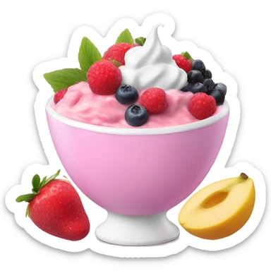 pink yogurt bowl with fruit sticker