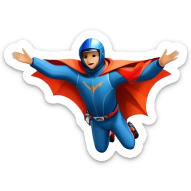 A wingsuit jumper soaring through the air between towering mountains, with the suit spread wide to catch the wind. The background features dramatic cliffs and expansive skies, emphasizing the thrill and freedom of base jumping in a stunning natural landscape. sticker