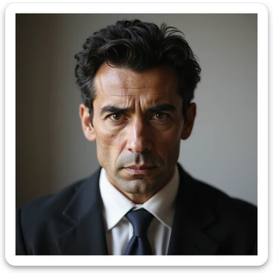 Polat Alemdar, iconic Turkish TV character, serious expression, short dark hair, suit, intense eyes, realistic style, photorealistic portrait sticker