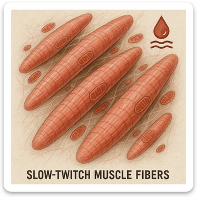 hyper realistic image of slow twitch muscle fibers, visibly saturated, less hypertrophic compared to fast fibers, anatomical and cellular details, scientific atmosphere, saturation symbols, light background sticker