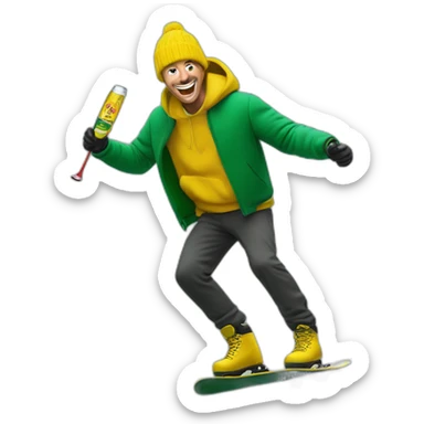 Man freestyle ski grinding over a giant green bottle of buckfast tonic wine with yellow label sticker