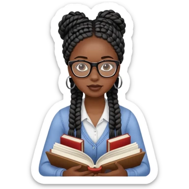 A dark-skinned Black woman with black box braids, wearing glasses, reading a textbook with a stack of books beside her. sticker