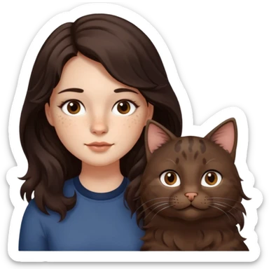 Uzun koyu kahverengi dalgalı saçlı, çenesinde beni olan ve yüzünde biraz çiller olan, iri koyu kahverengi bol kirpikli gözlü sevimli bir yüzü katlı kesim bir saçı olan kadın yap yanına da kilolu tamamen kahverengi bir kedi yap sticker
