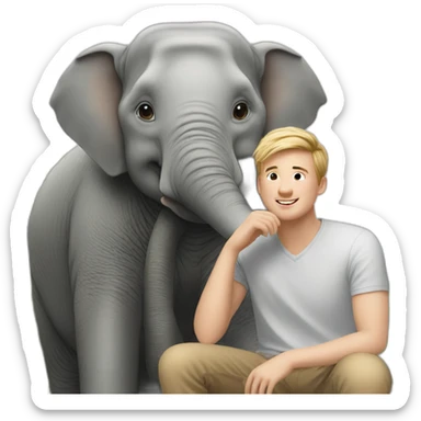 young white man sitting next to an Asian elephant sticker