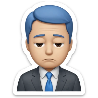 emoji character wearing a dark grey suit, white shirt, and blue tie. face has a very sad, disappointed expression with drooping eyebrows and half-closed eyes His posture is dejected, with slumped shoulders. he just rejected from his interview to get a job sticker