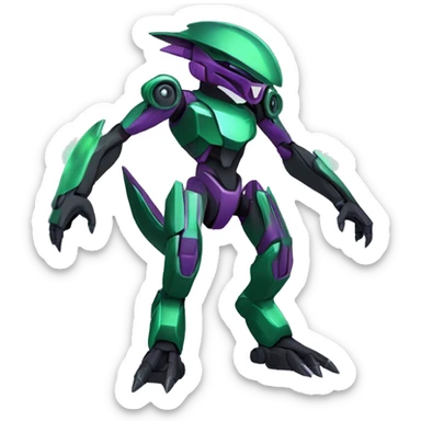 a shiny black-green-purple Genesect-Raptor-Fakémon-Medabot-hybrid with a futuristic visor-helmet full body sticker