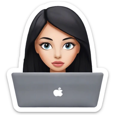 Glamours, tanned, very beautiful girl, with big pump peach-beige-rose lips, eyeliner, long long lashes, black straight smooth silky long hair, straight parting hair, blue-grey eyes with macbook sticker