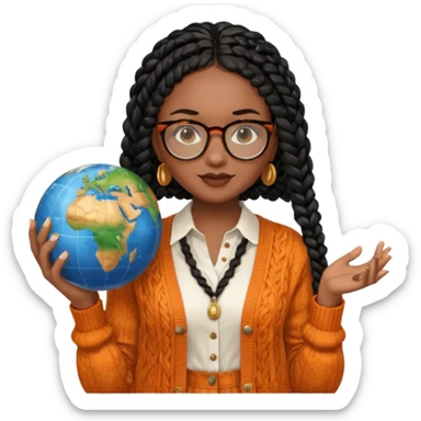a young woman wearing fine gold round glasses and black hair in several box braids, she has light black skin, and she's wearing a white shirt with an orange-terracotta cardigan on top. She's holding a globe in one hand sticker