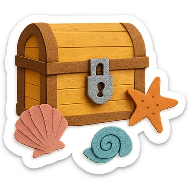 closed treasure chest with a lock, surrounded by seashells and starfish in paper-craft style sticker