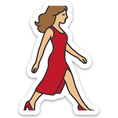 Depict the same girl from the previous reference with the same appearance, hairstyle, red dress, and shoes in the style and color as before, but with the arm and leg positions as shown in the new sketch. Ensure the entire figure is fully in frame without cropping any body parts. Transparent background. sticker