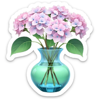 Hyperrealistic, 3D rendering, still life, smooth, clean thin lines, 8k, very Lush pale pink Hydrangeas with vivid leaves in pale blue crystal translucent glass vase, on dark wood stained table sticker