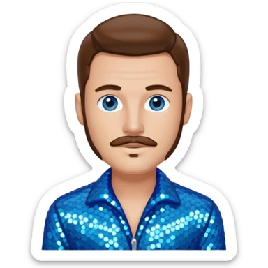 Benson Boone (b.2002), Pop Singer with blue eyes, brown long hair and thin mustache, icy blue sequin outfit sticker