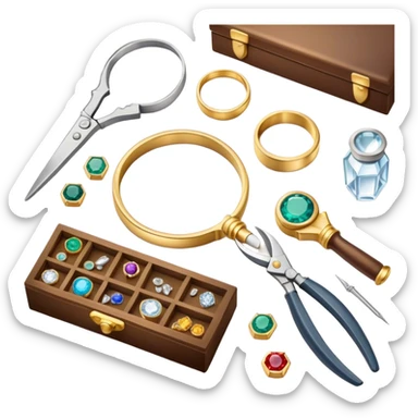 Create an icon that represents the art of jewelry making. The design should include a jeweler's workbench, tools like pliers, a magnifying glass, and various precious materials such as gemstones, gold, and silver. Feature a partially crafted piece of jewelry, like a ring or necklace, showcasing intricate details and craftsmanship. The composition should evoke elegance and precision, reflecting the skill and artistry of jewelry making. The background should be transparent. sticker