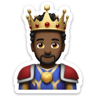 a white king with a crown, wearing blue, almost purple and red armor, black hair like jimmy neuton and dont have beard. sticker