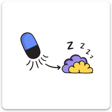 Hand-drawn sedative medication concept: blue pill releasing purple calming waves toward a yellow brain that's gradually turning dark blue (sleeping). Small ZZZ sleep icons floating above. Simple diagram with arrows showing sedative pathway from pill to sleep state. sticker