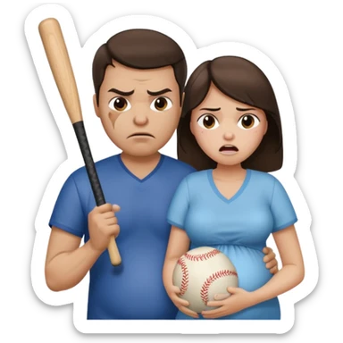 A angry brunette man holding a baseball bat towards a brunette pregnant woman who is crying sticker