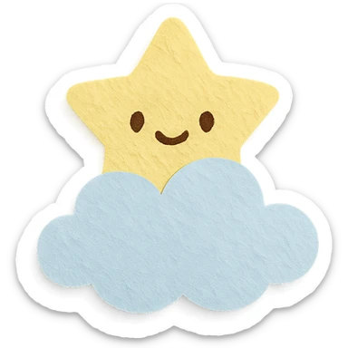 adorable pastel yellow star peeking from behind a fluffy cloud, no arms or legs, full body, kawaii style, paper craft style sticker