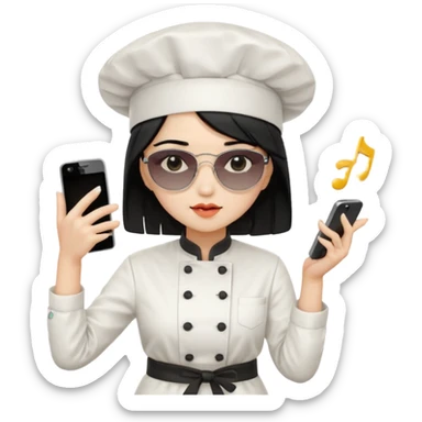 ["A sad woman with light skin, straight hair, wearing a chef hat and sunglasses, dressed in K-pop fashion, is dancing while holding a phone."] sticker