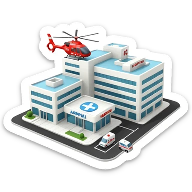 3d hospital outside, with text hospital, ambulance, helicopter sticker
