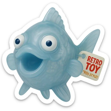 Add a retro toy tag on the fin. Make the body see-through, semi-transparent plastic with a blue tint. Eyes going opposite ways, looking straight at the camera. No background. Hyper-detailed, soft plastic 90's toy look, soft reflections, soft and squishy, some cloudiness, not shiny, highly detailed, appealing. Style: soft plastic 90's toy look. sticker