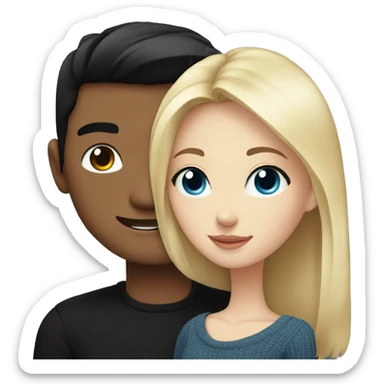 Blonde girl with blue eyes in black sweater and an east asian man with black hair and black eyes hugging sticker
