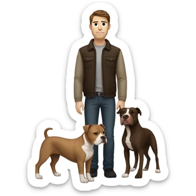 white male with dark brown hair and 5 o'clock shadow standing alongside a white and brown pitbull sticker