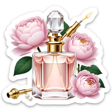A delicate glass perfume bottle with a golden atomizer, surrounded by soft pink roses, white peonies, and dahlias, as pearl butterflies reflect beautifully in the crystal surface.
 sticker