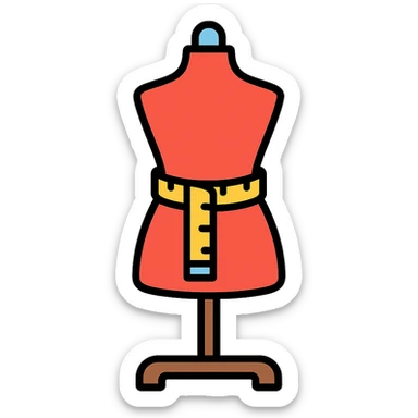 a fashion mannequin with measuring tape, representing a fashion designer, colorful lineal icon with black outlines sticker