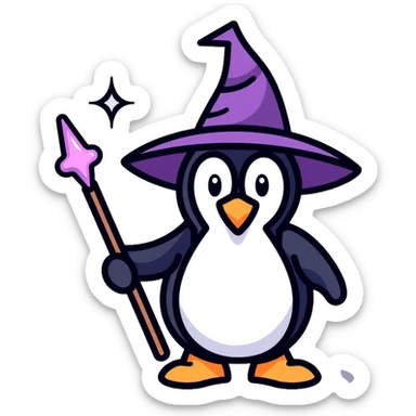 Penguin dressed as a wizard with a magical wand and pointy wizard hat sticker