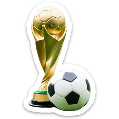A football resting on the green grass of a soccer field, with goalposts and field markings in the background. In the foreground, the UEFA World Cup trophy gleams, symbolizing the pinnacle of football achievement, adding an element of prestige and competition to the scene. sticker