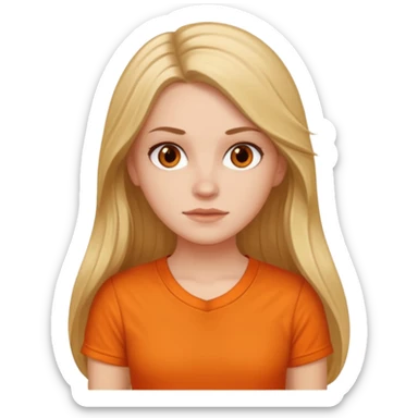 white girl with long hair and orange shirt not smiling sticker
