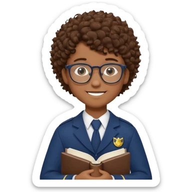 Boy student wearing uniform, glasses, hold book in front of their chest, brown curly hair, dark skin sticker