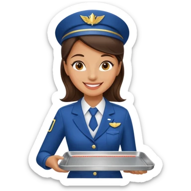 A female professional flight attendant holding a service tray, sticker