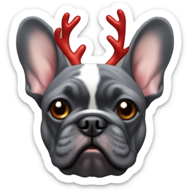 Dark grey French bulldog with reindeer antlers, a red nose like Rudolph sticker