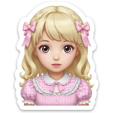 pale girl with curly medium length blonde and baby pink swirled hair with bangs, grey eyes, doll-like makeup, wearing a light pink lolita hime gyaru dress, emoji style sticker