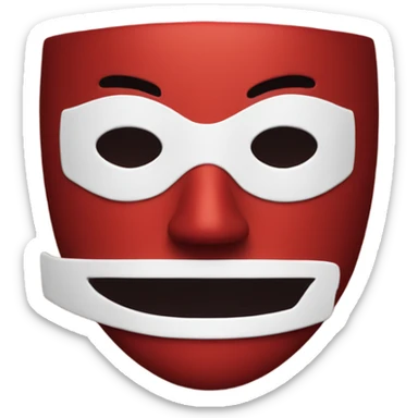 a red mask with a white square on a guard sticker