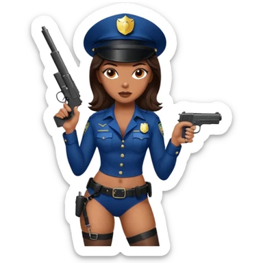 A sexy girl. with caramel skin. Dark brown hair and brown eyes. She has freckles. Wearing sexy makeup. Dressed as a sexy cop. wearing lingerie. Wearing heels. Holding a gun sticker