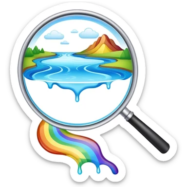 a magnifying glass with a rainbow colored river flowing through it sticker