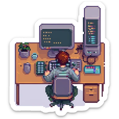 programmer sitting at a desktop computer, pixel art style sticker