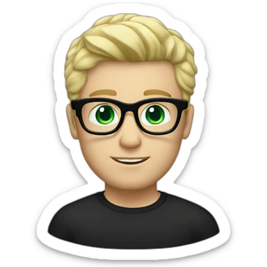 blonde hair white male wearing black shirt with bold blue glasses green eyes and blonde hair sticker
