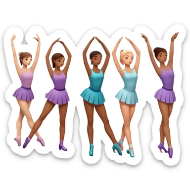 Icon for Choreography: a group of dancers stretching by the wall in a dance studio, with a dance barre, metronome, and musical notes in the background. The icon should represent training, discipline, and teamwork in choreography. Transparent background. sticker
