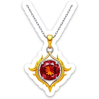 phoenix-inspired ruby pendant, deep red core with yellow ember edges, floating silver chain sticker