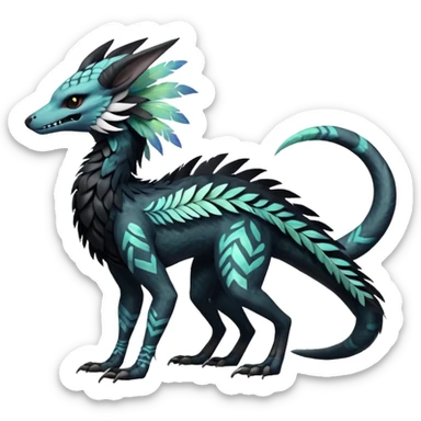 Rare realistic tribal patterned whitish pastel colorful iridescent shiny glossy feathery epic handsome gorgeous aesthetic black-skulled Vernid-Trico-Sergal-Salandit-Nargacuga-species-Fakemon-creature by LiLaiRa, 4 legs, 1 tail, random markings, (full body) long ears sticker
