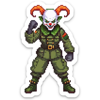 evil clown soldier, bald, short devil horns on forehead, fangs, pointed ears, black and military green clothes, fighting stance sticker