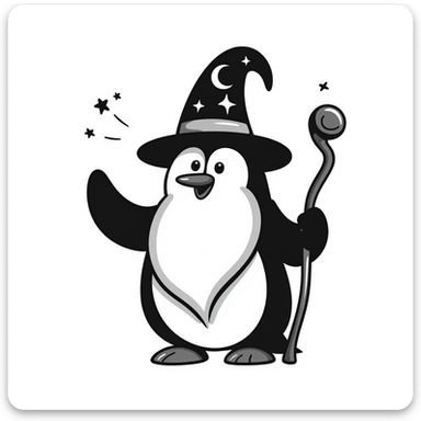 a penguin wizard with a long white beard, pointed hat, and magical staff sticker