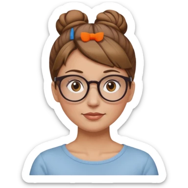 femme de 38 ans avec des cheveux châtain clair, un chignon haut, yeux bruns, lunettes rondes sticker